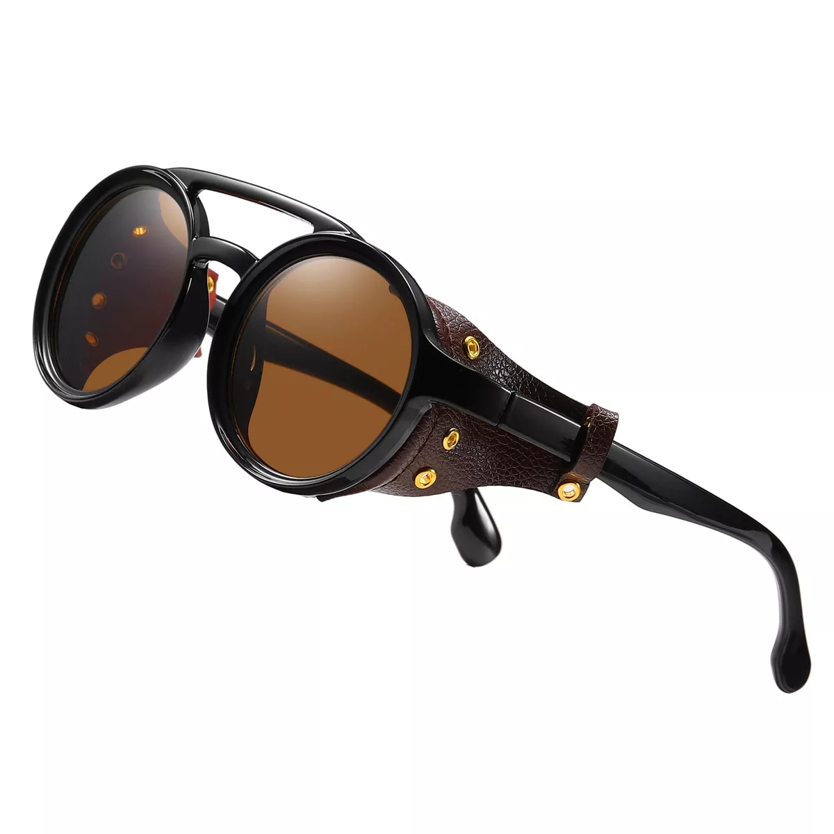 Fashion Vintage Steampunk Sunglasses Men Women Leather Side Shield