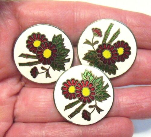 VINTAGE BUTTON LOT OF 3 ENAMEL ON SILVER METAL FLORAL 24 MM - Picture 1 of 2