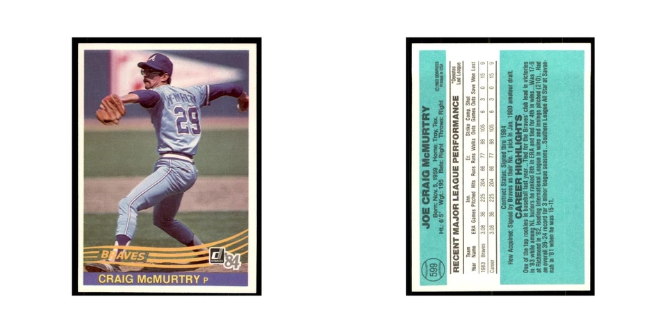 Craig McMurtry Rookie 1984 Donruss #599 Atlanta Braves Baseball Card NM - Image 3 of 3