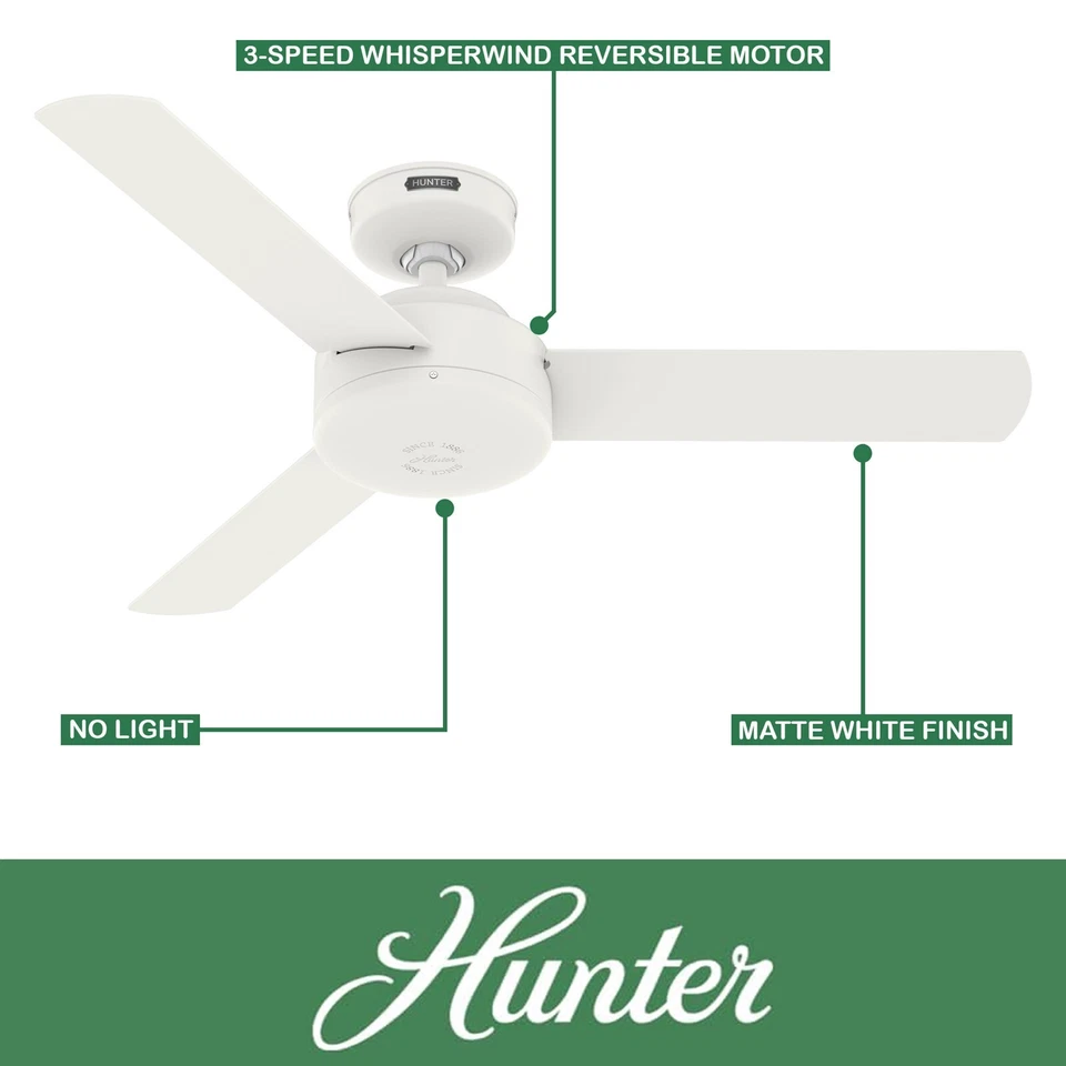 Hunter Fan 44 in Casual Matte White Indoor Ceiling Fan with 3 Blade and No Light - Image 2 of 4