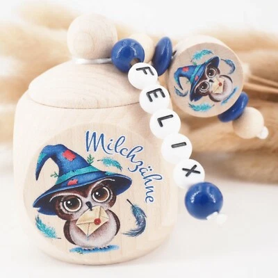 MOTZISBUNTEWELT Milchzahndose mit Namen ❤ Eule Zauberer Hut Holz Geschenk Mädchen Geburtstag