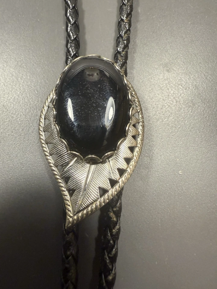 Corbata Bolo Vintage Western Negra Piedra Ónix Cuero Trenzado Foto 3 de 4