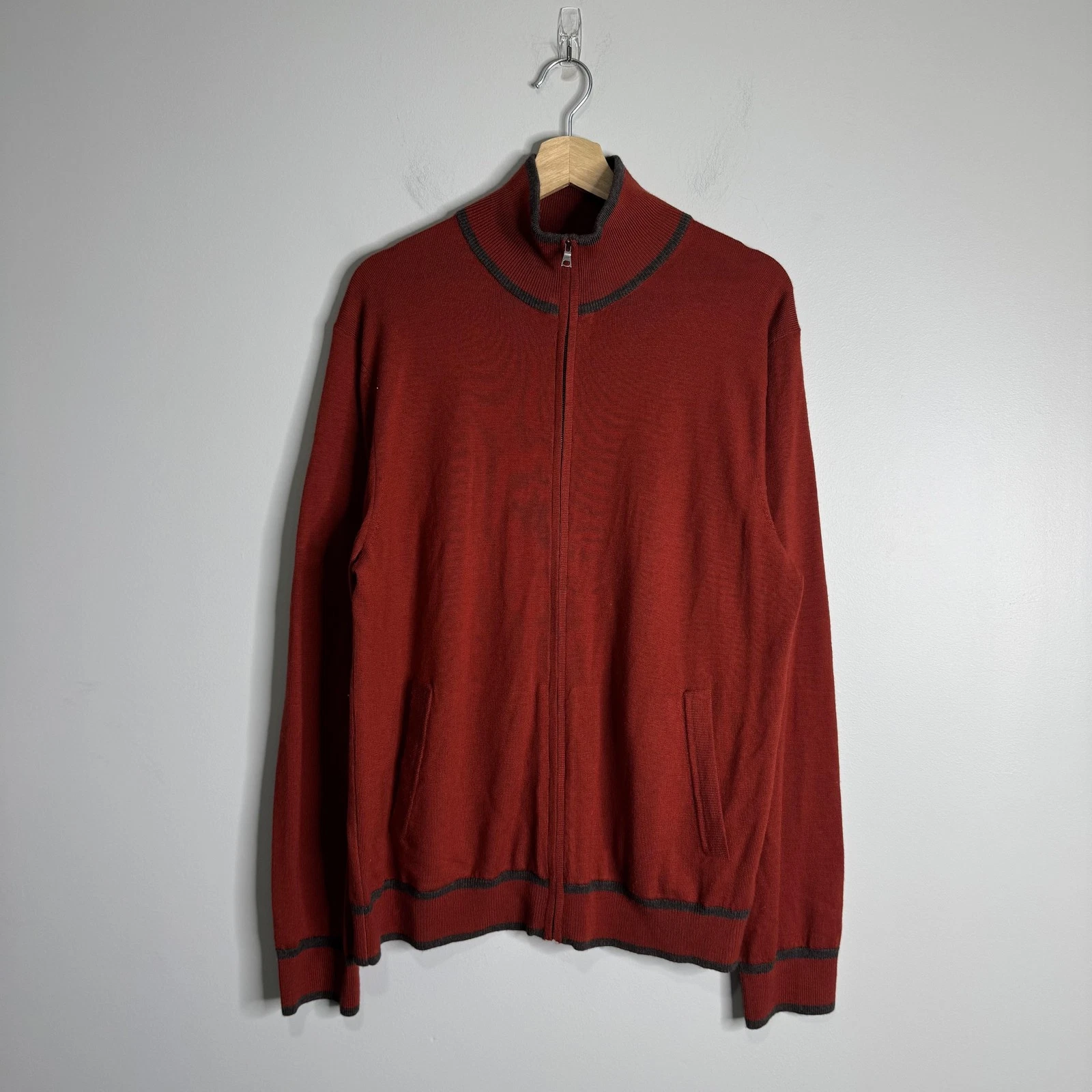 Banana Republic Sweater Mens Large Red Extra Fine Merino Full Zip Mock Neck