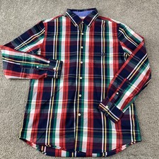 Chaps Easy Care Stretch Button Up Shirt Men's Medium Multicolor Plaid Cotton Ble
