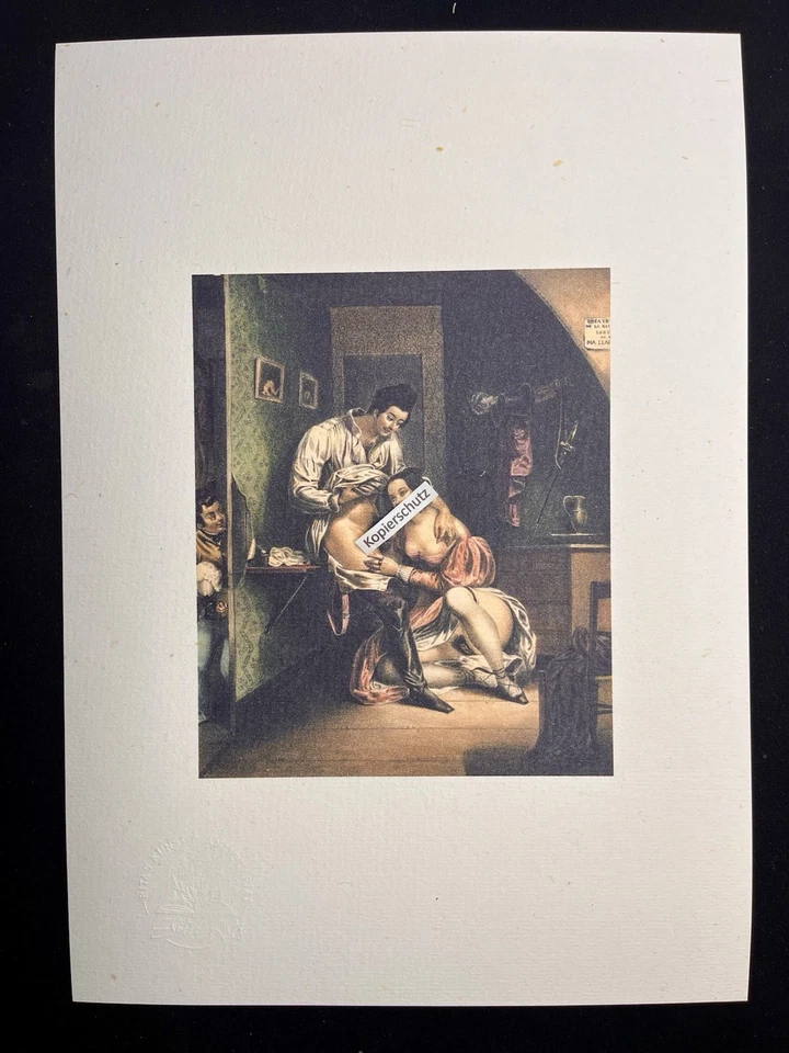 Erotischer Gycléedruck „Der kleine Voyeur“ von Archille Devèria ca 1830 blow-job
