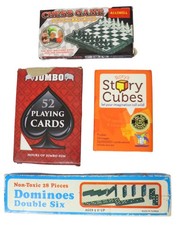 Game Bundle - Travel Chess Set, Vintage Dominoes Double Six, Story Cubes, Cards