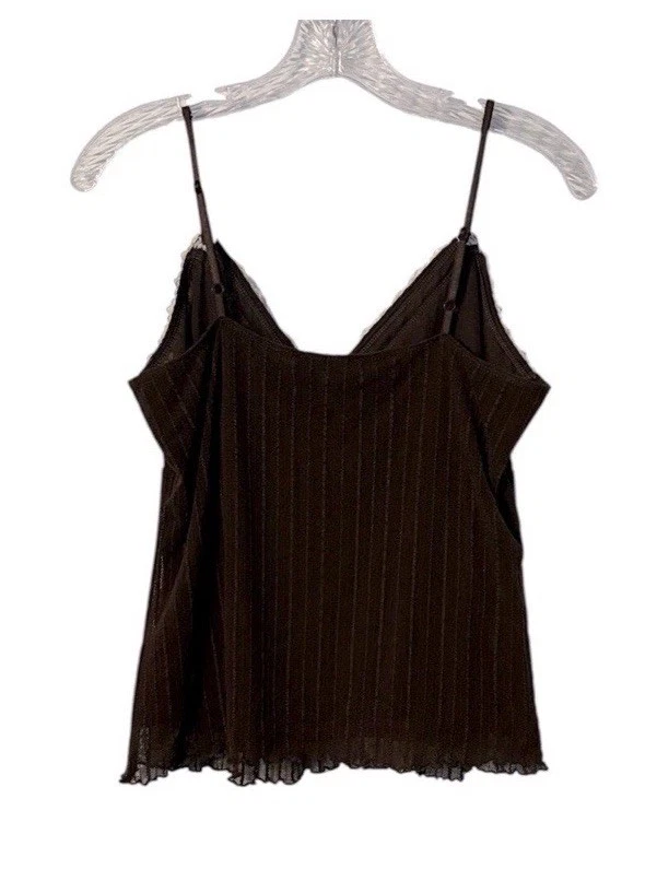 Vintage Y2K Chocolate Brown Babydoll Tank Top Lace Trim Mesh Lettuce Trim Grunge - Image 2 of 4
