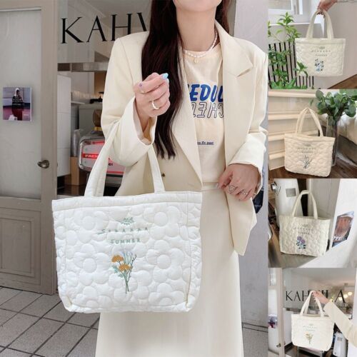 Solid Color Fresh Flower Embroidery Handbag Korean Style Tote Bag  Lady - Afbeelding 1 van 15