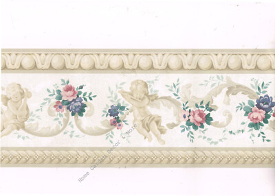 Victorian Architectural Molding Angels Cherubs Rose Scroll Leaf Wallpaper Border
