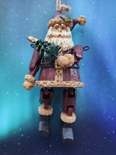 Jointed Rustic Wood Look Christmas Ornament SANTA CLAUSE WITH TREE NIB 5.5"