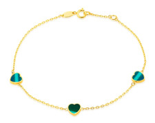 18ct Yellow Gold Hallmarked 3 x 6mm Malachite Heart Bracelet 19cm/7.5"