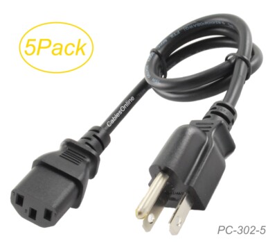 5-Pack 2ft 3-Conductor, 18AWG, NEMA 5-15P to IEC C13 AC Power Cables, Black