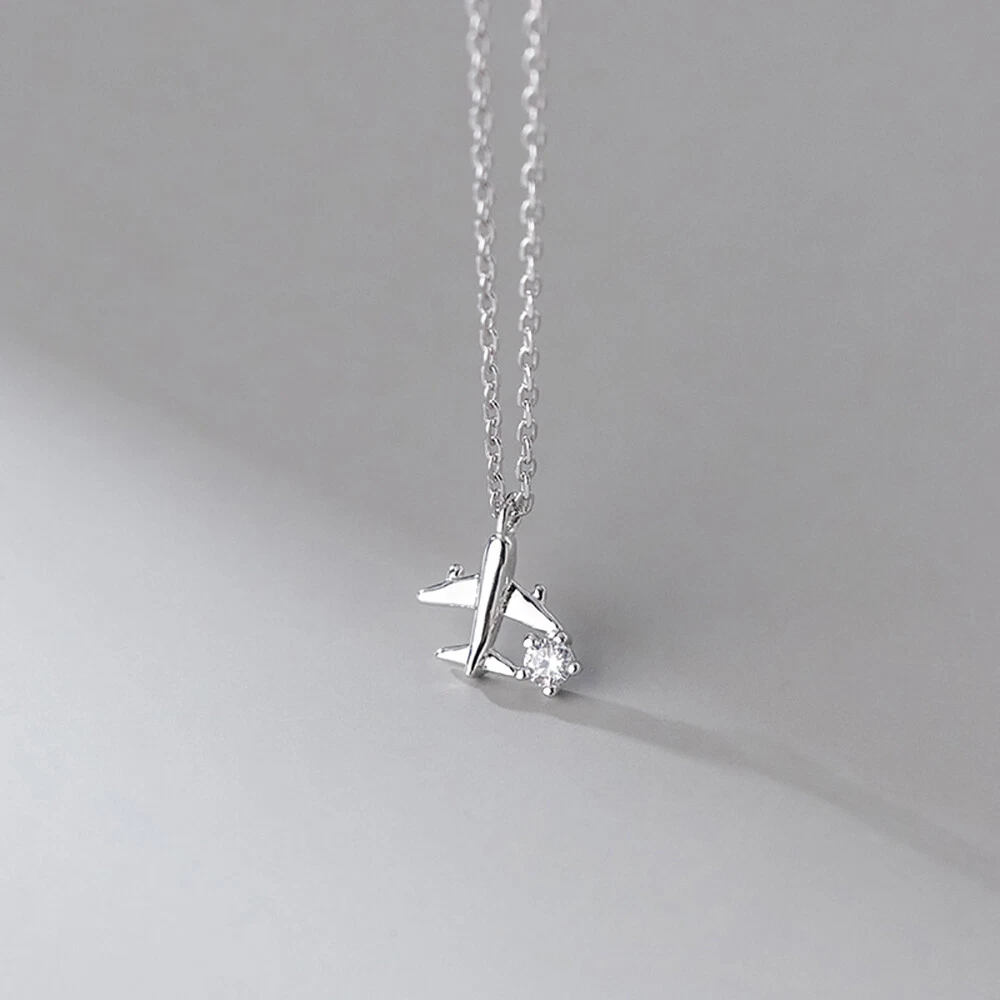 925 Sterling Silver Diamond Airplane Necklace Pendant Travel Places Jewelry