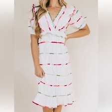 Storia size small women’s mixed print white midi dress v-neck ruffled springtime