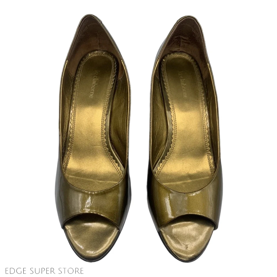 Liz Claiborne 金属金青铜棕色金色露趾楔形凉鞋高跟鞋 10 码 — 第 3/4 张图片