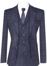 Mens Blue Check 3 Piece Tweed Suit Peaky Blinders 1920s Gatsby Tailored Fit
