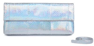 Auth Brand New Nancy Gonzalez GENUINE PYTHON silver mirror Gotham clutch + strap