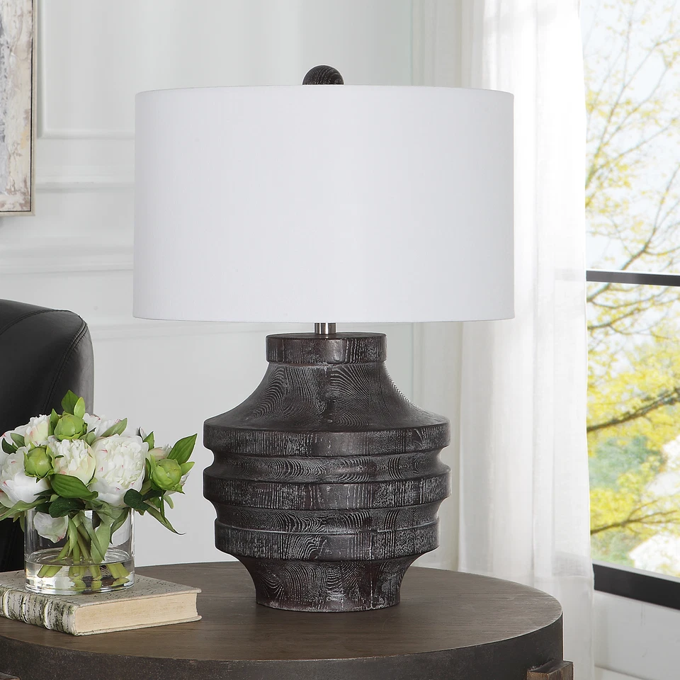 Fat Rustic Black Faux Wood Table Lamp 24 in Ribbed Carved Grain Organic Look - Image 4 of 4