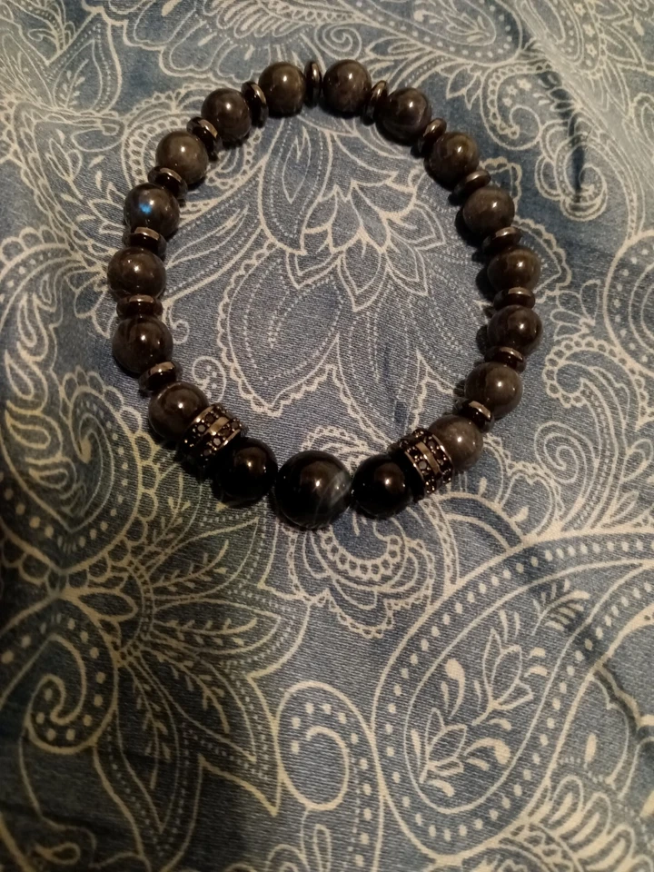 Pulsera elástica ojo de tigre azul, labradorita negra, hematita, gemas naturales Foto 4 de 4
