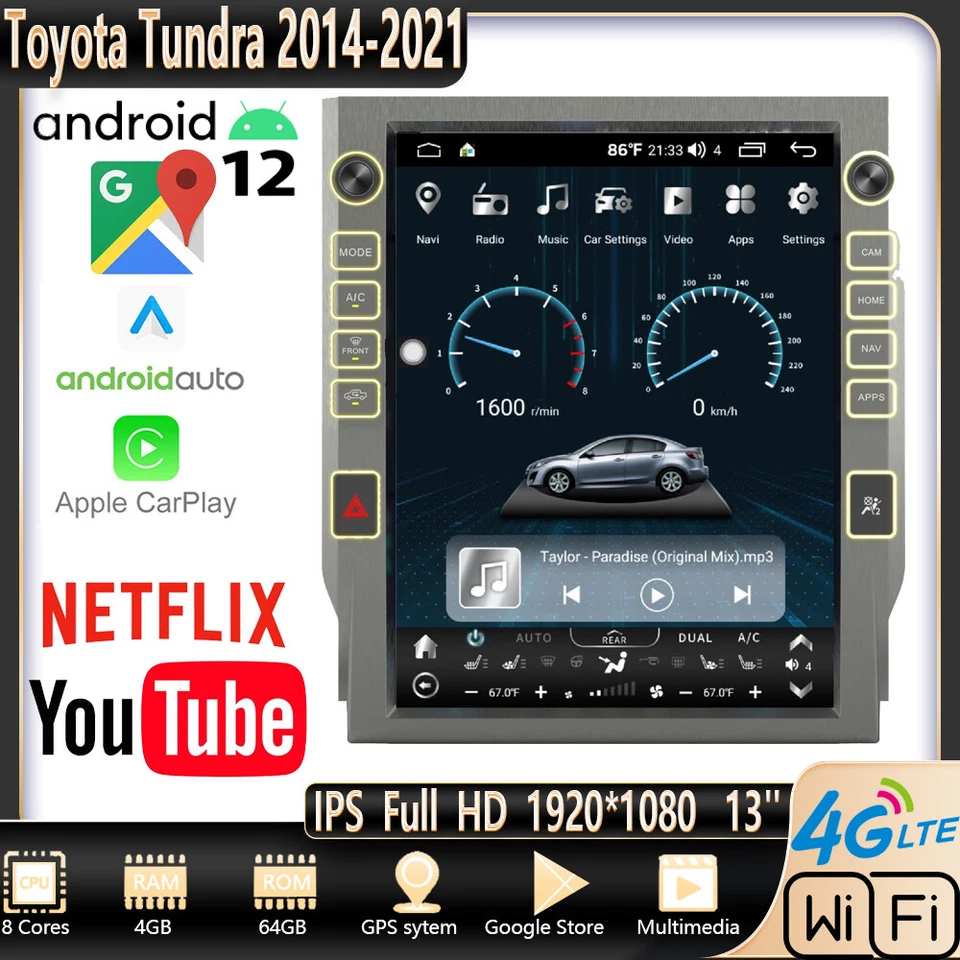 13" Tesla Style Carplay Android Car Stereo Gps Radio For Toyota Tundra 2014-2021 - Image 2 of 4