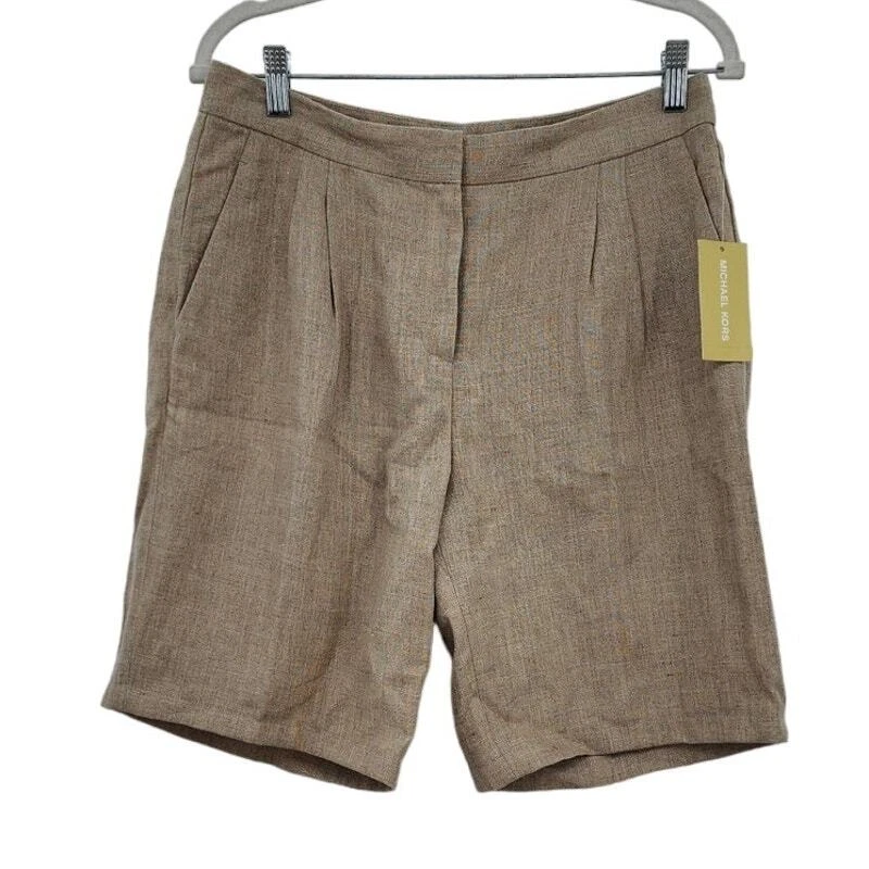New NWT Michael Kors Tan Linen Pleated Front Midi Bermuda Shorts Size 8 Hemp