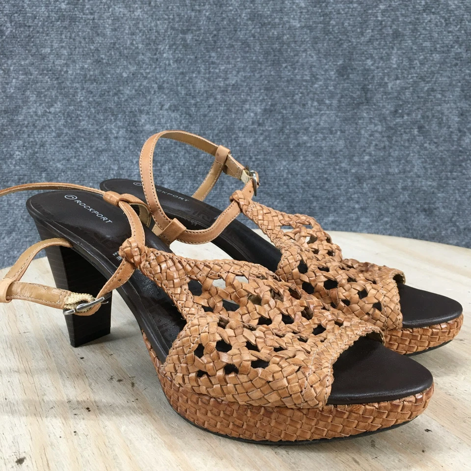 Sandalias Rockport para mujer 9,5 M T correa con tira trasera cuero marrón tacón tejido Foto 3 de 4