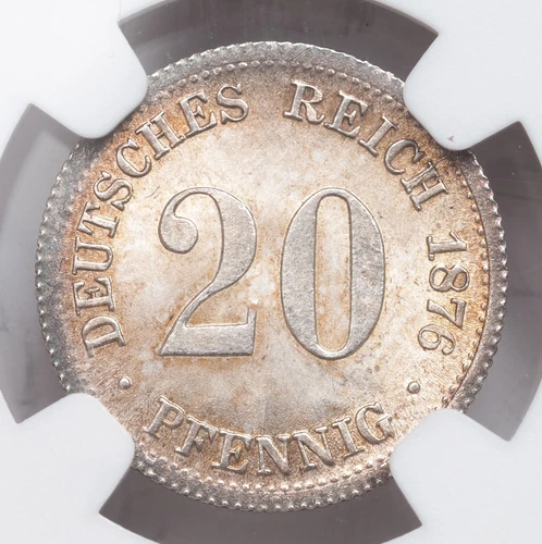 1876-F, Germany (Empire). Stunning Silver 20 Pfennig Coin. NGC MS-65(+)