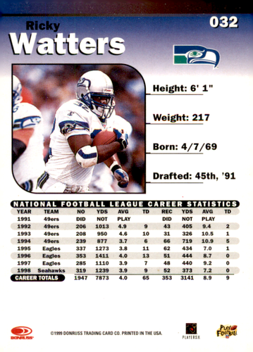1999 Donruss Elite - #32 Ricky Watters Seattle Seahawks - Picture 2 of 2