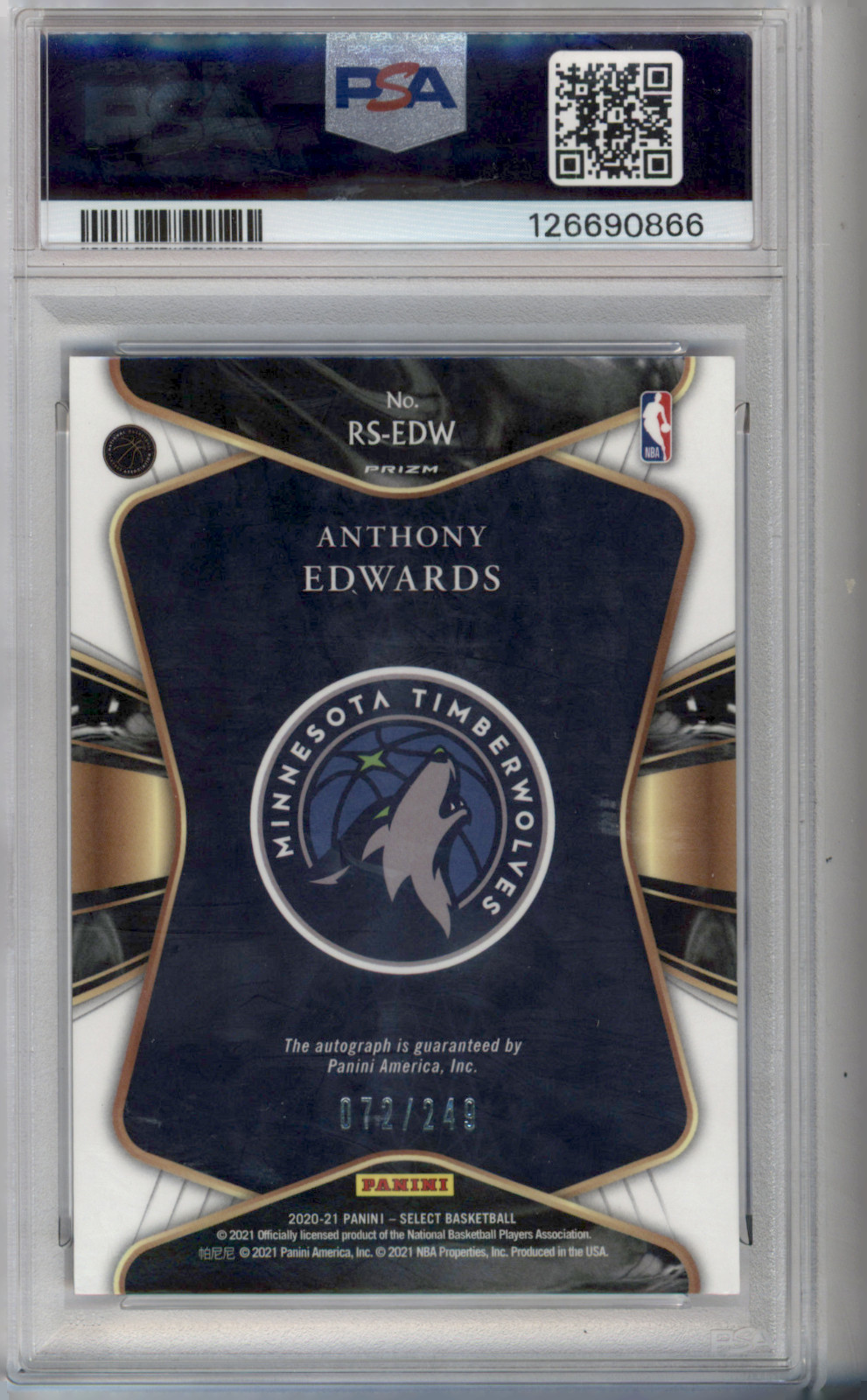 2020 Panini Select Rookie Signature Anthony Edwards RSEDW 249 PSA Auth A G1N view 2
