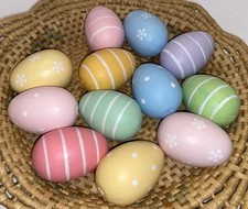 Set-12 Pastel Multicolor Wooden 3"x1.75" Decorated Easter Eggs-Craft/Decor