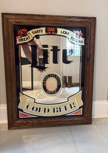 Vintage “MILLER LITE COLD BEER” Large Wood Frame Mirror Bar Pub Sign