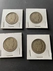 4  Barber Half Dollars 90% Silver Coins , Heavily  Circulated