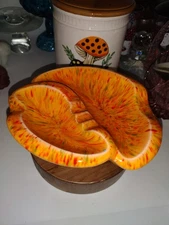 Vintage 70s Orange Splatter Painted Pottery Ashtray/Trinket Trinket Dish 8 Inch