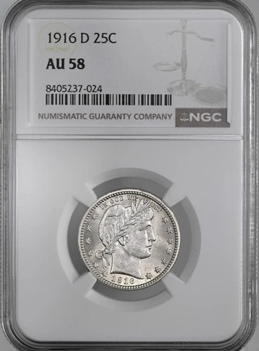 1916-D  25C  BARBER SILVER QUARTER  "DENVER"  NGC AU58  #8405237-024