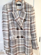 Zara Tweed Blazer Jacket XS Double Breasted Plaid Boucle Neutral Academa Cottage