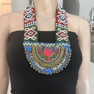 Handcrafted Multicolor Beaded Statement Necklace Glass/Metal Crescent Pendant