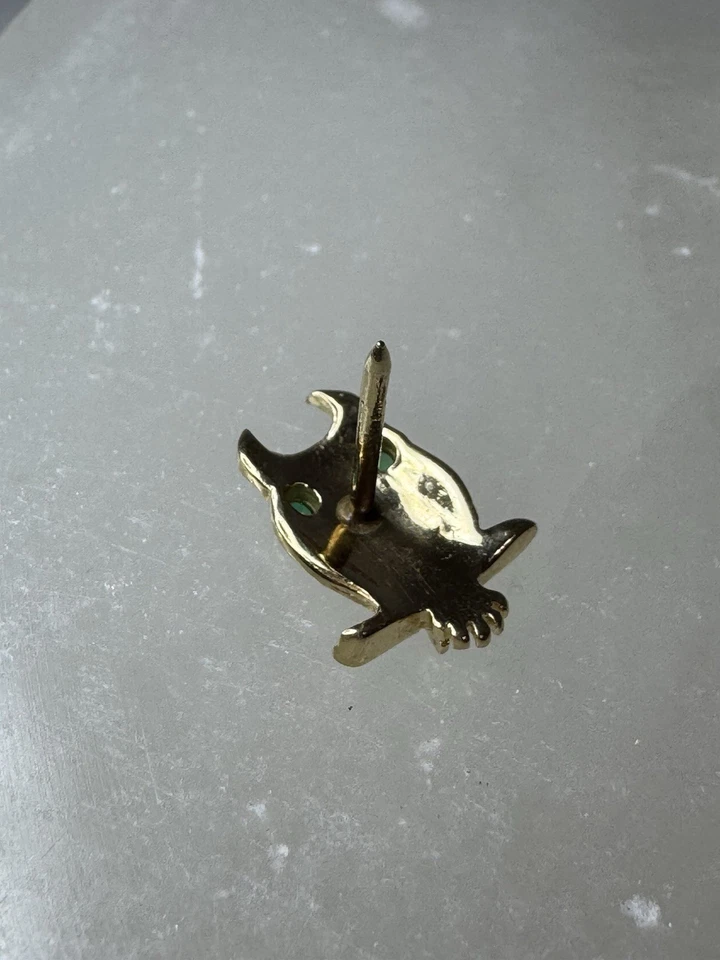 Pin Tac de corbata de búho de oro macizo de 14K 8,8 x 15,5 mm 1,4 g cristal verde Foto 4 de 4