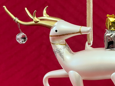 De Carlini White Deer Presents Christmas Tree Ornament Hand Blown Italy