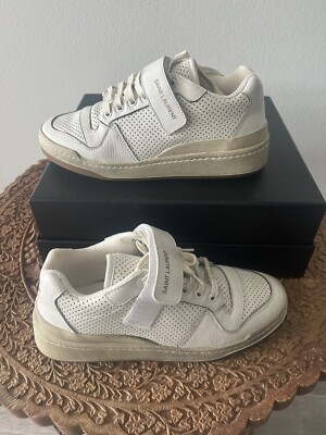 $695 Saint Laurent SL24 Travis Distressed Aged Perforated Low Top Sneakers White