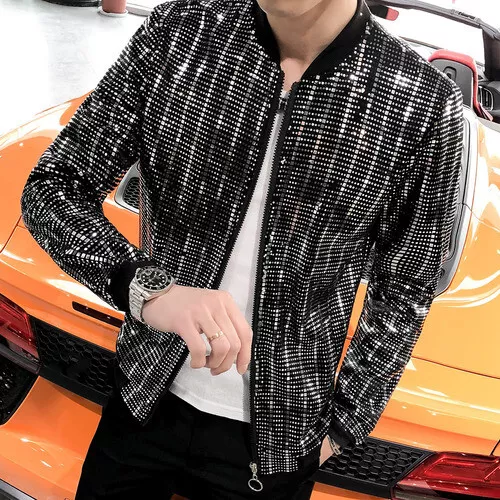 New Men Zipper Coat Sequin Bomber Jacket Men's Shiny Sequins Long Sleeves - Picture 4 of 12