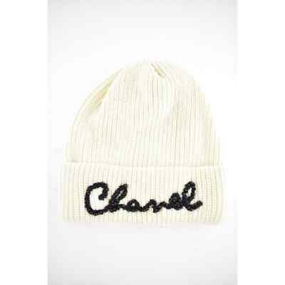 Chanel 21A Ivory Cashmere Black Pearl White CC Script Logo Beanie