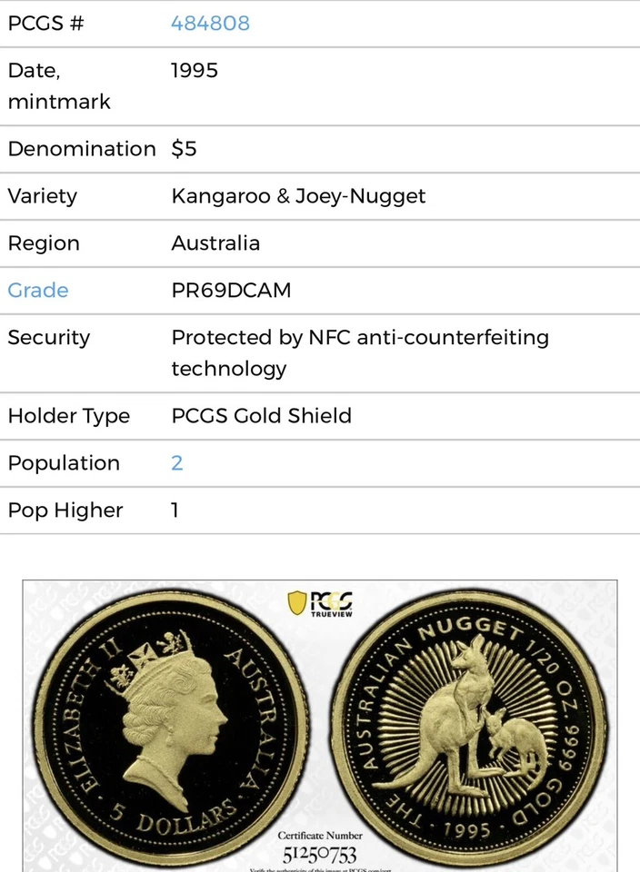 1995 $5 Australia 1/20 Gold Proof Kangaroo Nugget Coin • PR69 POP 2 • 900 MINTED - Image 2 of 4