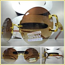 Men Classy Sophisticated Elegant Retro Style SUN GLASSES Round Gold  Wood Frame