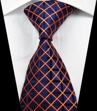 Hot Classic Checks Orange Dark Blue JACQUARD WOVEN 100 Silk Men's Tie Necktie
