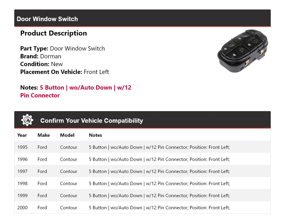 Interruptor de ventana de puerta delantera izquierda Ford Contour Dorman 1995-2000 1996 1997 1998 Foto 2 de 4