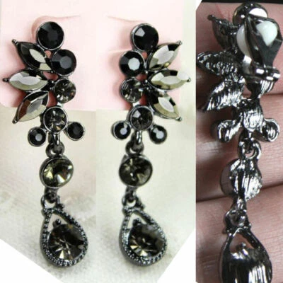 EX LABEL PENDIENTES CLIP ON HEMATITA ELEGANTE CRISTAL estrás RETRO ESTILO ART DECO NEGRO