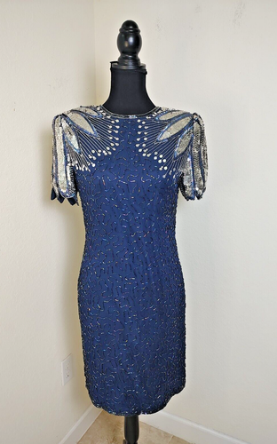 LAURENCE KAZAR NEW YORK Gorgeous Vintage 80's Sequins Beaded Blue Dress SZ MP - Picture 1 of 10