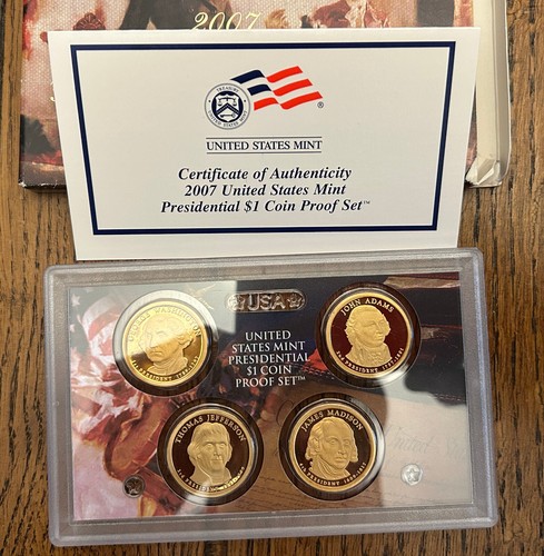 2007 S Presidential Dollar US Mint Proof Set 4 Münzen Original Box & COA