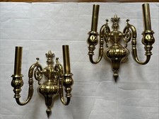 Vintage Pair of Heavy Brass Wall Sconces Double Light Electric Scroll 14  