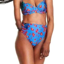 NEW Tabitha Brown High Waist Bikini Bottom Tropical Leopard XS Blue Pink NWT